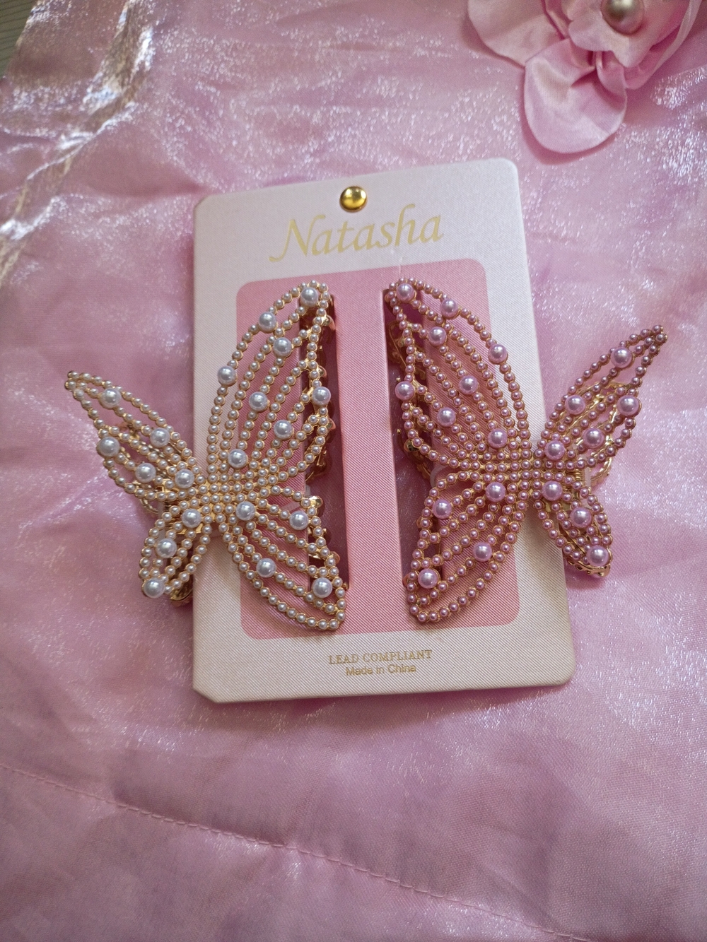 Natasha Couture Pink Pearl Butterfly Hair Clips for Kids - Picture 2 of 3